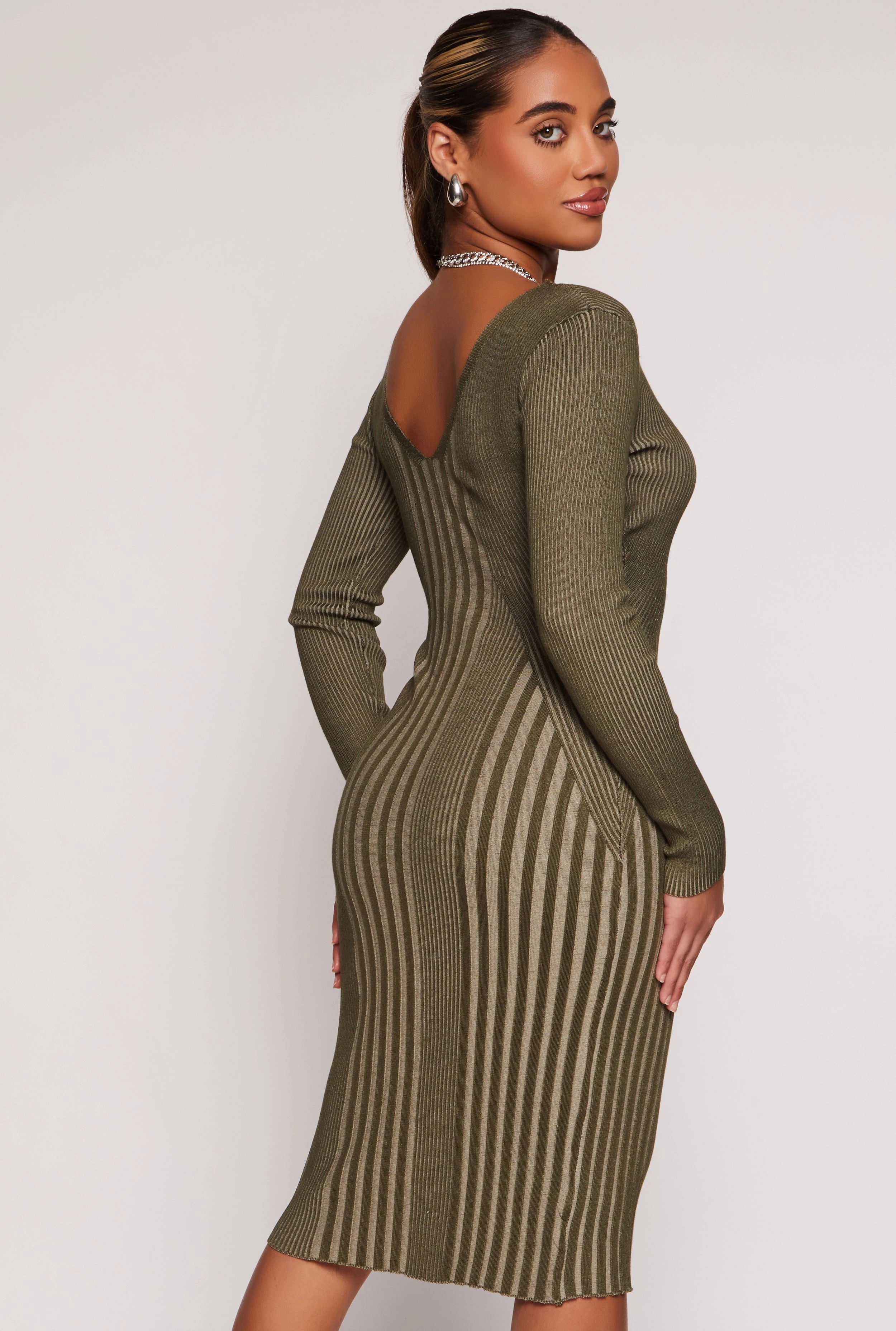 Almost Famous Ribbed Knit Shadow Stripe Midi Sweater Dress