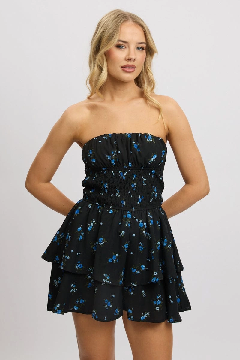 Black Floral Strapless Playsuit Ruffled Hem