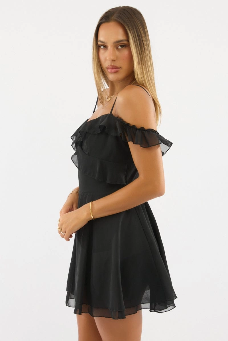 Black Mini Dress Ruffle Detail Chiffon