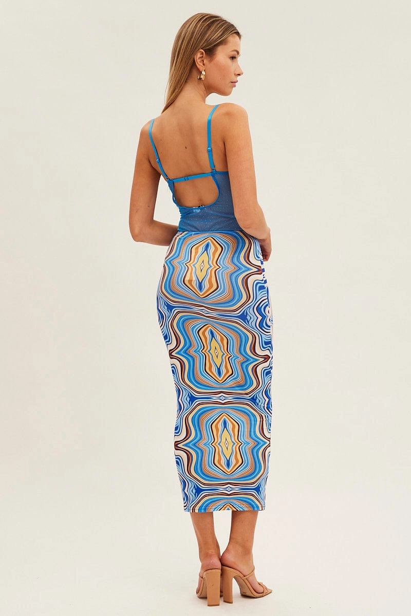 Blue Abstract Abstract Midi Skirt