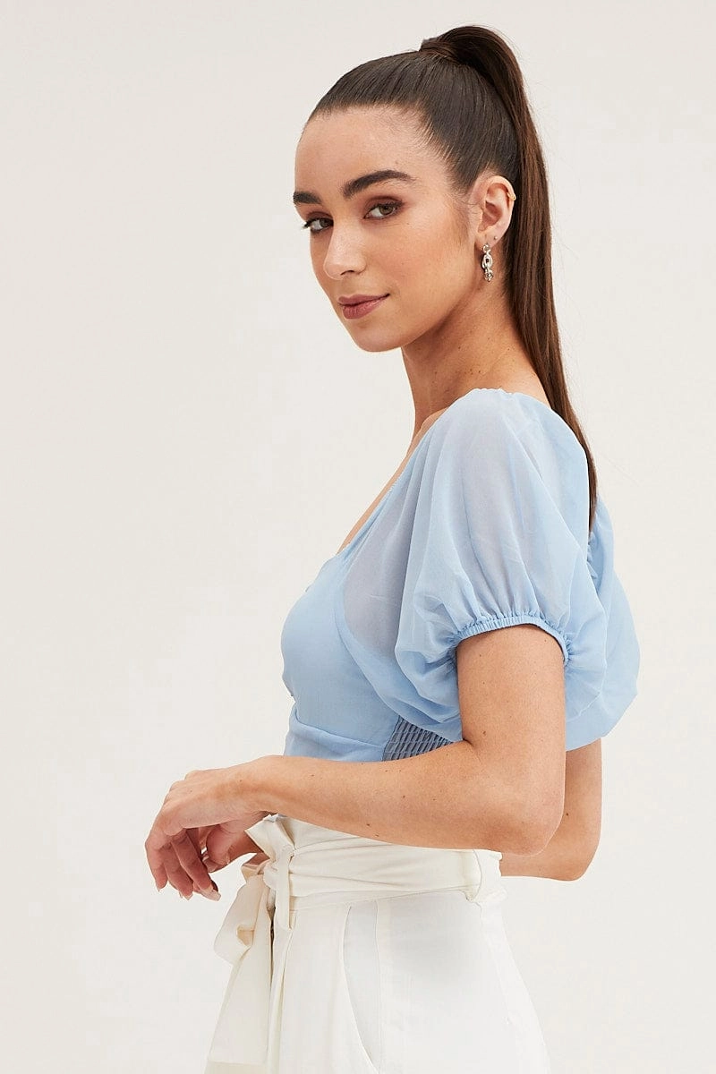 Blue Bodysuit Top Short Sleeve Sweetheart
