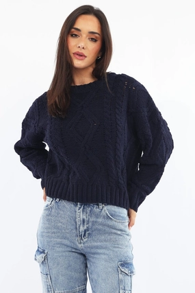 Blue Cable Knit Long Sleeve Crew Neck