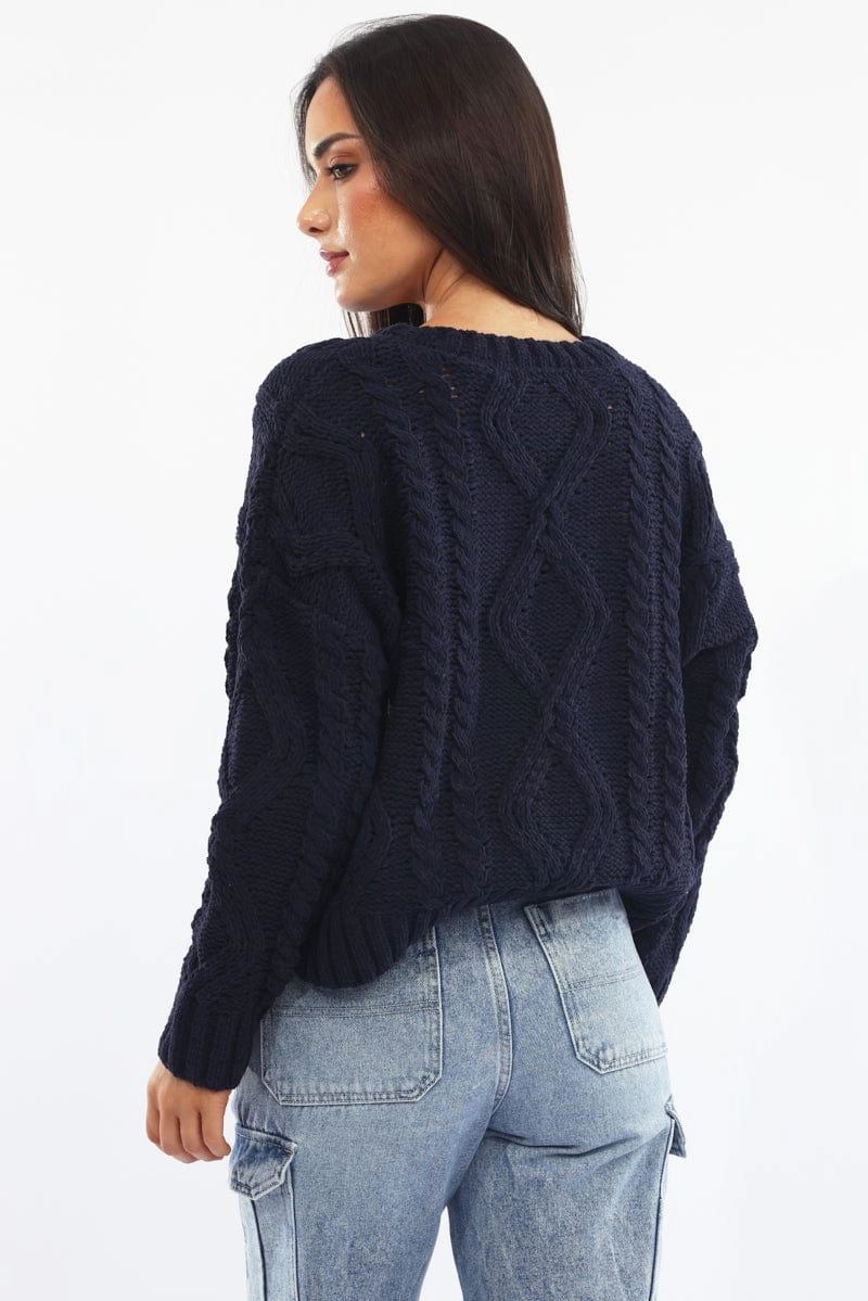 Blue Cable Knit Long Sleeve Crew Neck