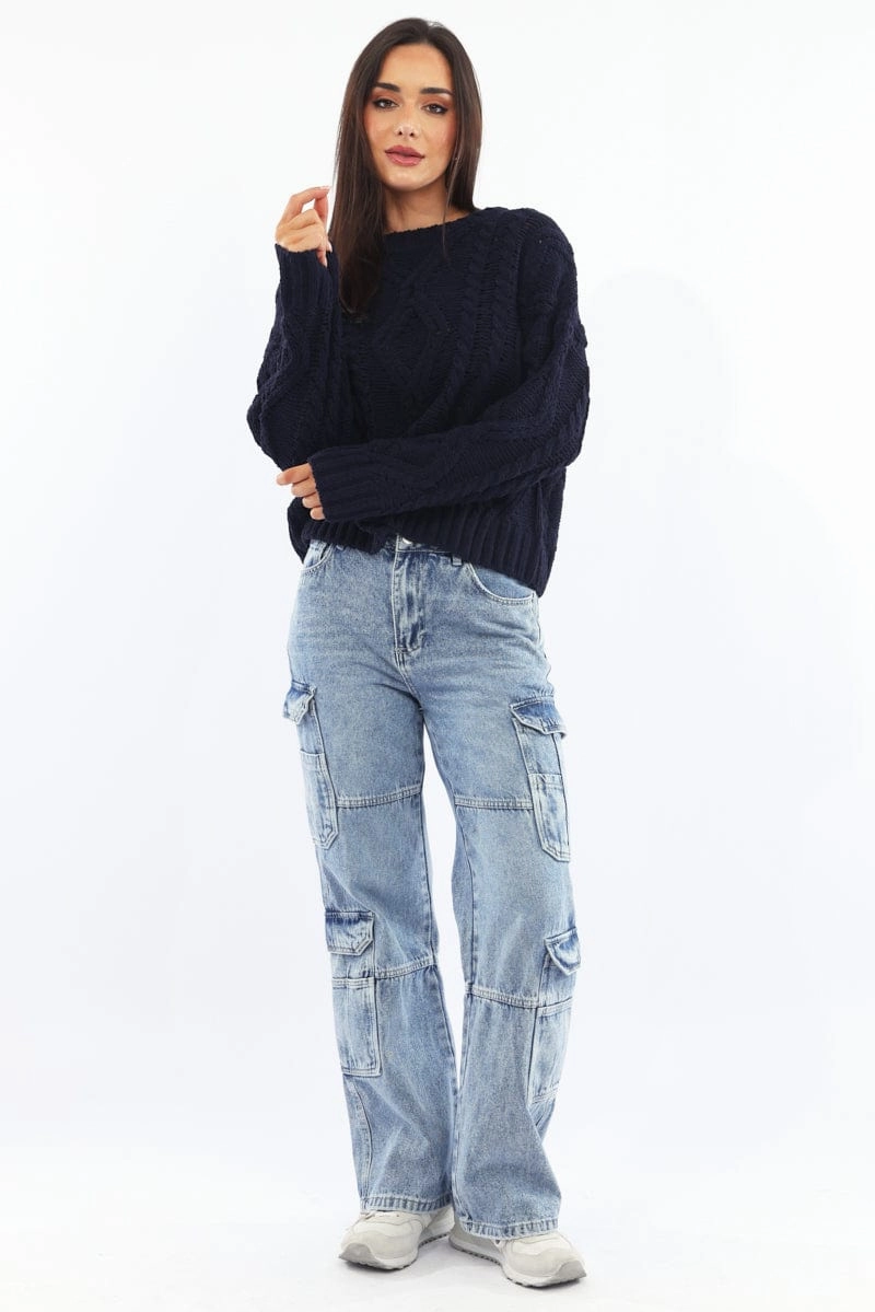 Blue Cable Knit Long Sleeve Crew Neck