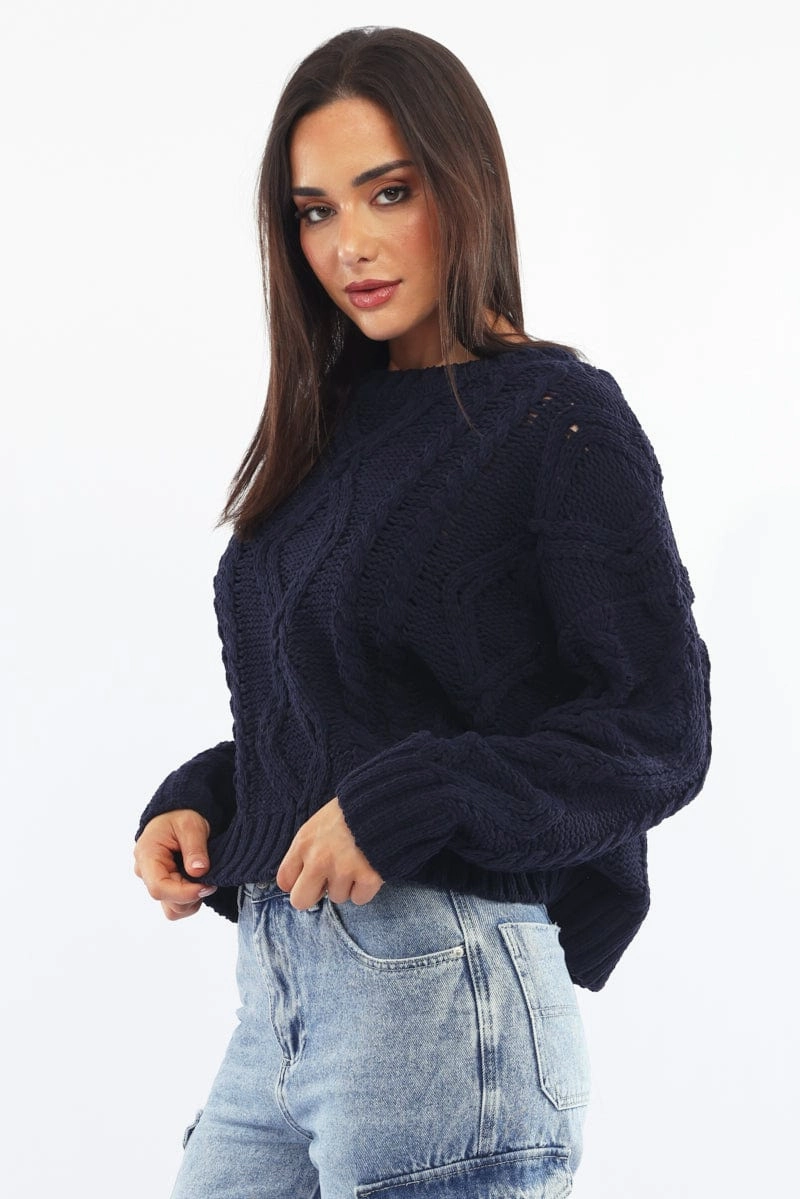 Blue Cable Knit Long Sleeve Crew Neck