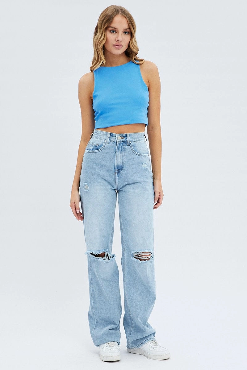 Blue Crop Tank Top Cotton