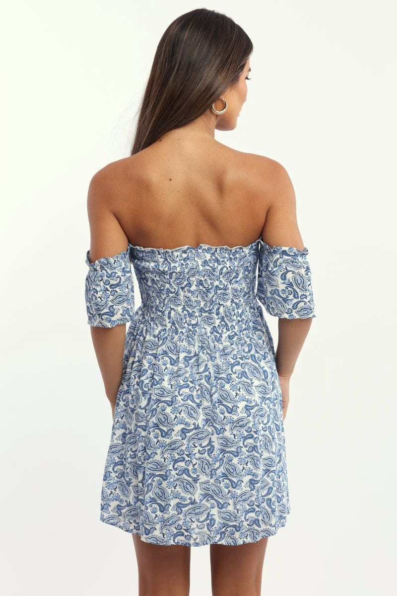 Blue Paisley Mini Dress Off Shoulder