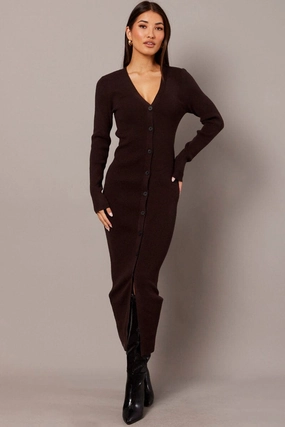 Brown Knit Dress Long Sleeve Button Front