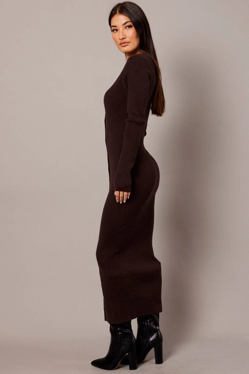 Brown Knit Dress Long Sleeve Button Front