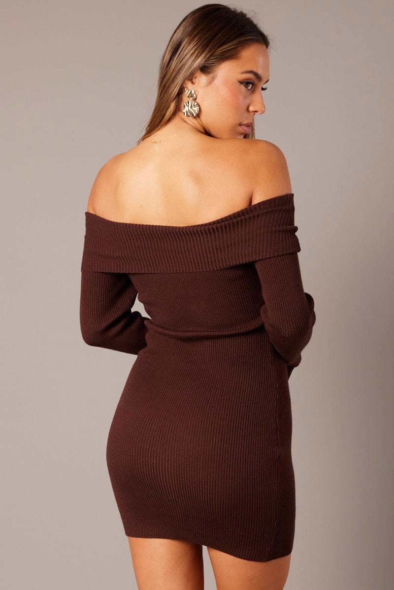 Brown Knit Dress Long Sleeve Mini