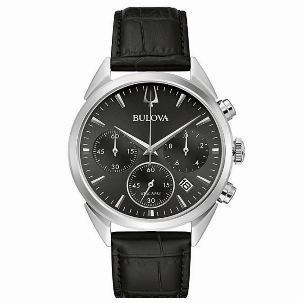 Bulova 96B371 Stainless Steel Watch with Black Leather Strap 42mm