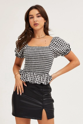 Check Gingham Puff Sleeve Shirred Top
