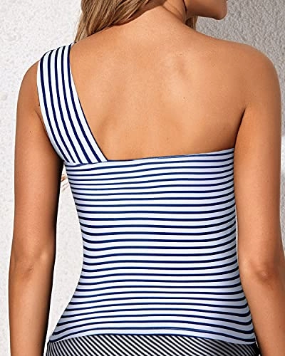 Elegant Women's Swim Top Tummy Control Tankini Top-Blue And White Stripes