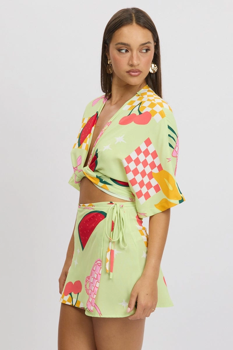 Green Abstract Tie Up Bolero Short Sleeve