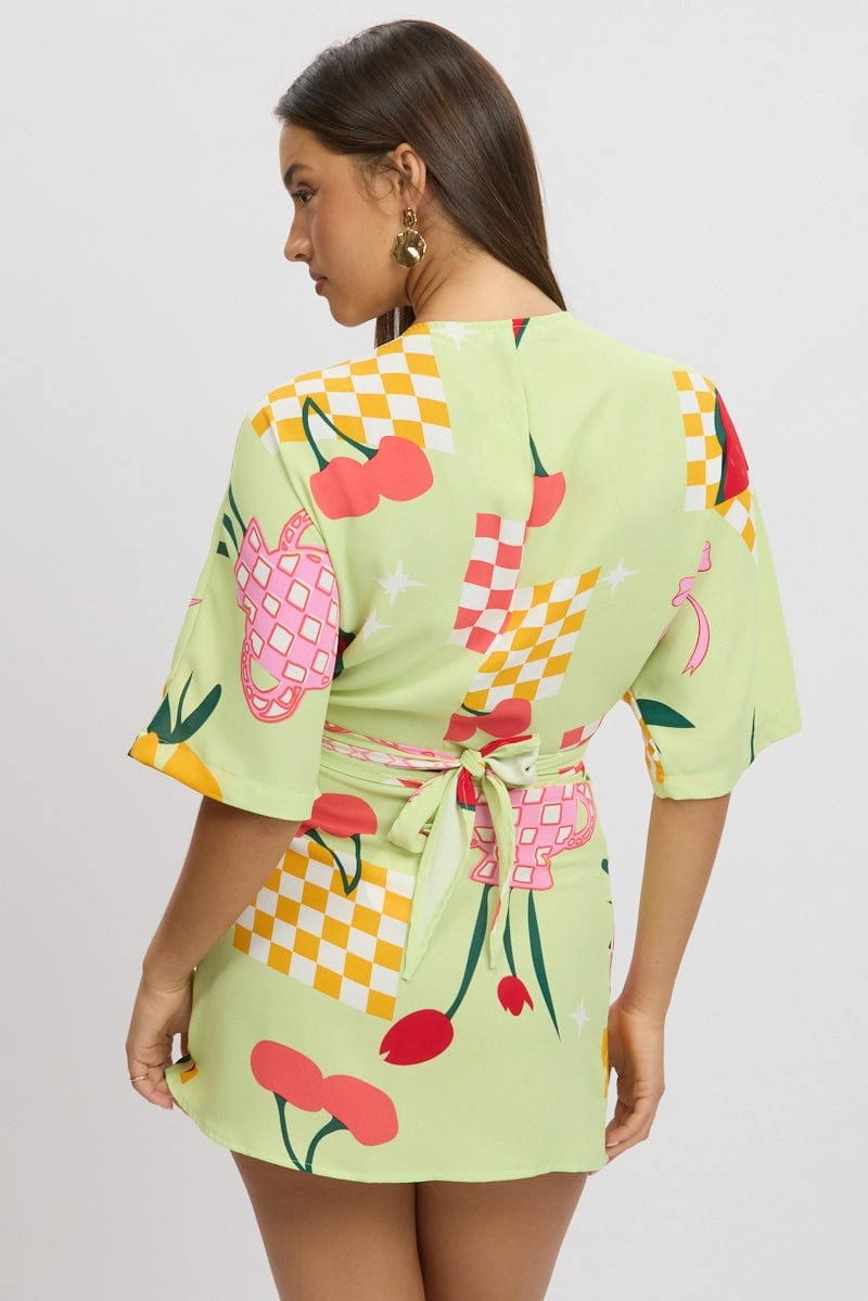 Green Abstract Tie Up Bolero Short Sleeve