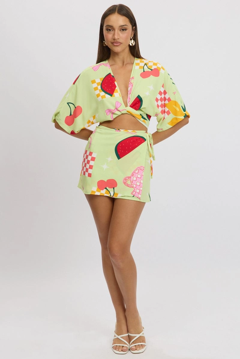 Green Abstract Tie Up Bolero Short Sleeve