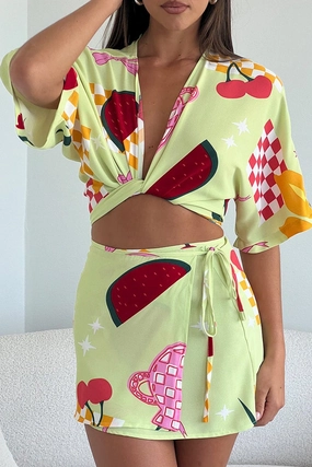 Green Abstract Tie Up Bolero Short Sleeve