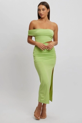 Green Bodycon Dress One Shoulder Maxi