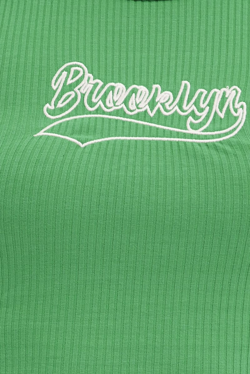 Green Brooklyn Tank Embroidered Rib Sleeve Crop