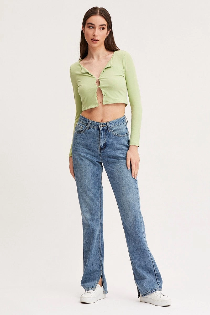 Green Crop Cardigan Long Sleeve Jersey Rib