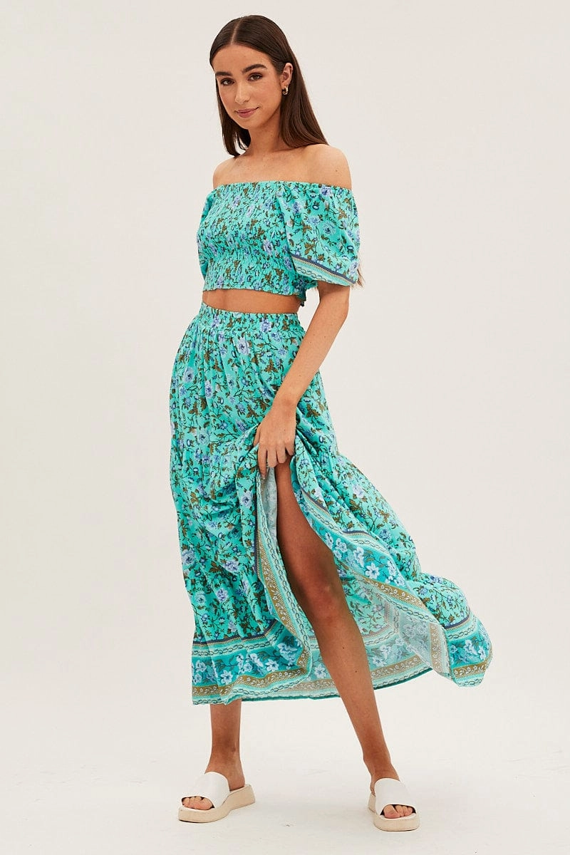 Green Frilled Hem Half Puff Sleeve Square Neck Crop