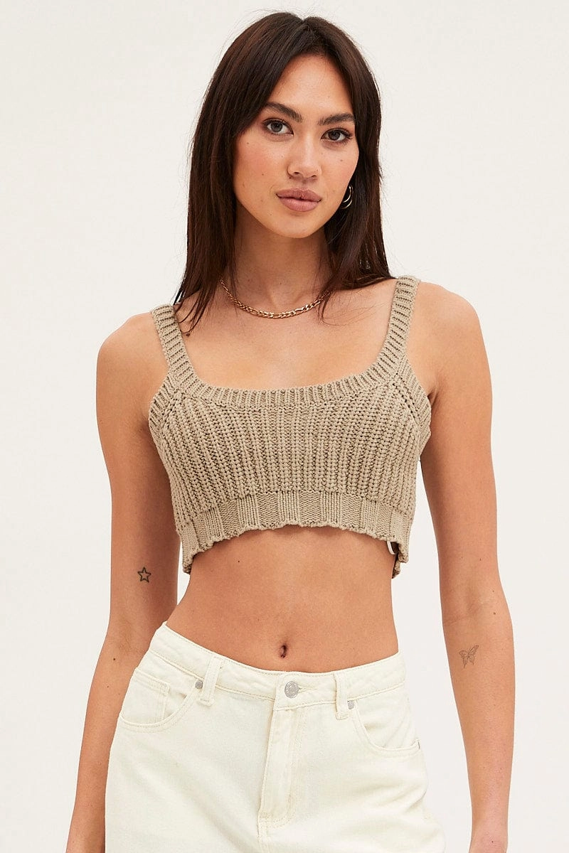 Green Knit Top Sleeveless Crop