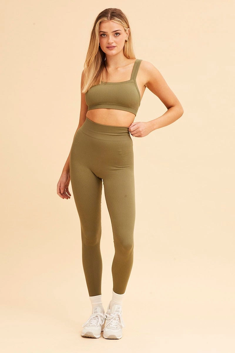 Green Nico Seamless Rib Straight Neck Crop Top