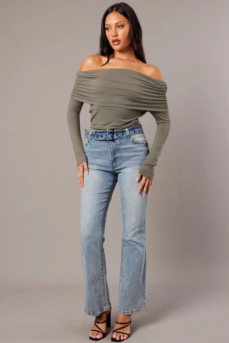 Green Off Shoulder Top Long Sleeve