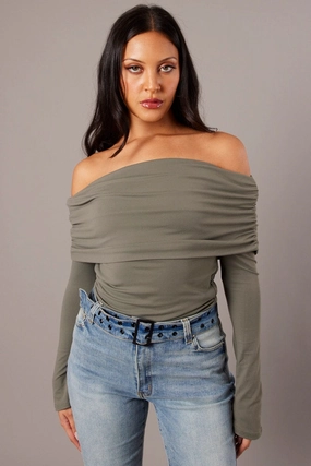 Green Off Shoulder Top Long Sleeve