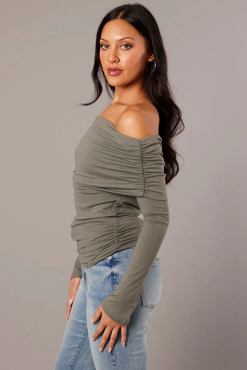 Green Off Shoulder Top Long Sleeve