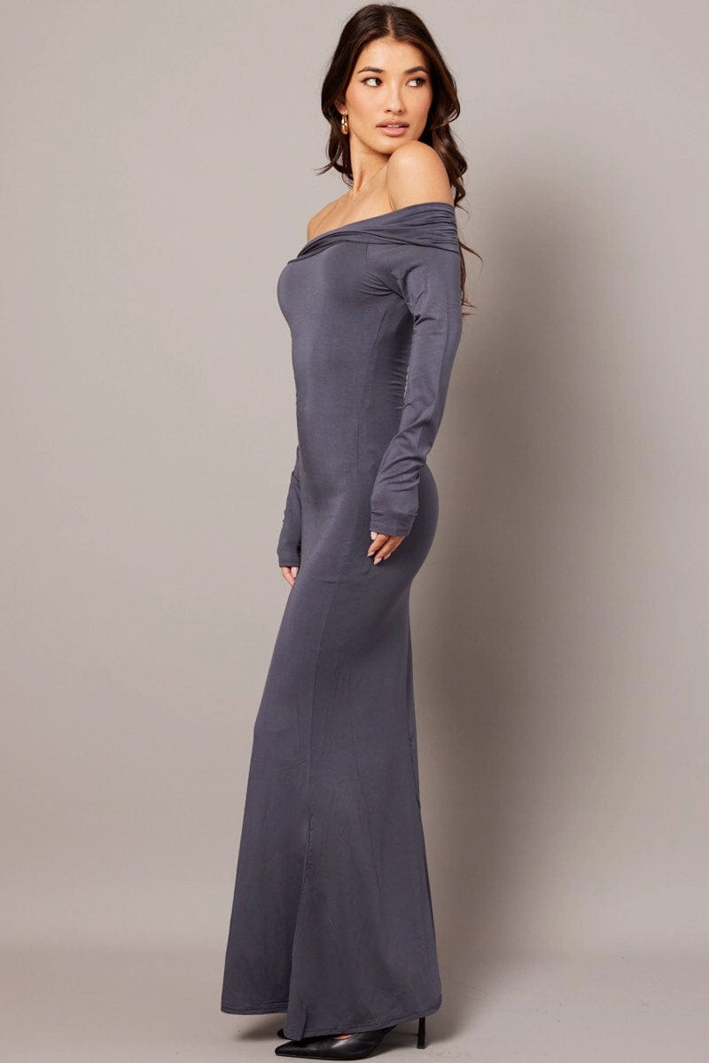 Grey Off Shoulder Dress Long Sleeve Maxi