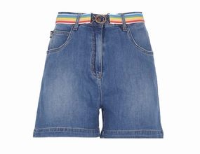 Love Moschino Rainbow Belt Logo Printed Denim Shorts