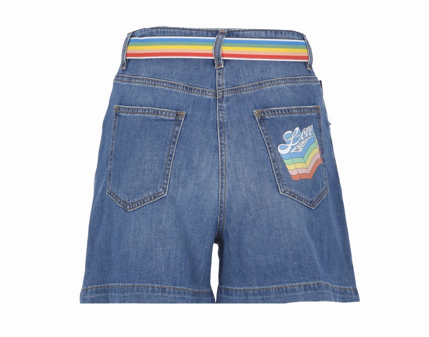 Love Moschino Rainbow Belt Logo Printed Denim Shorts