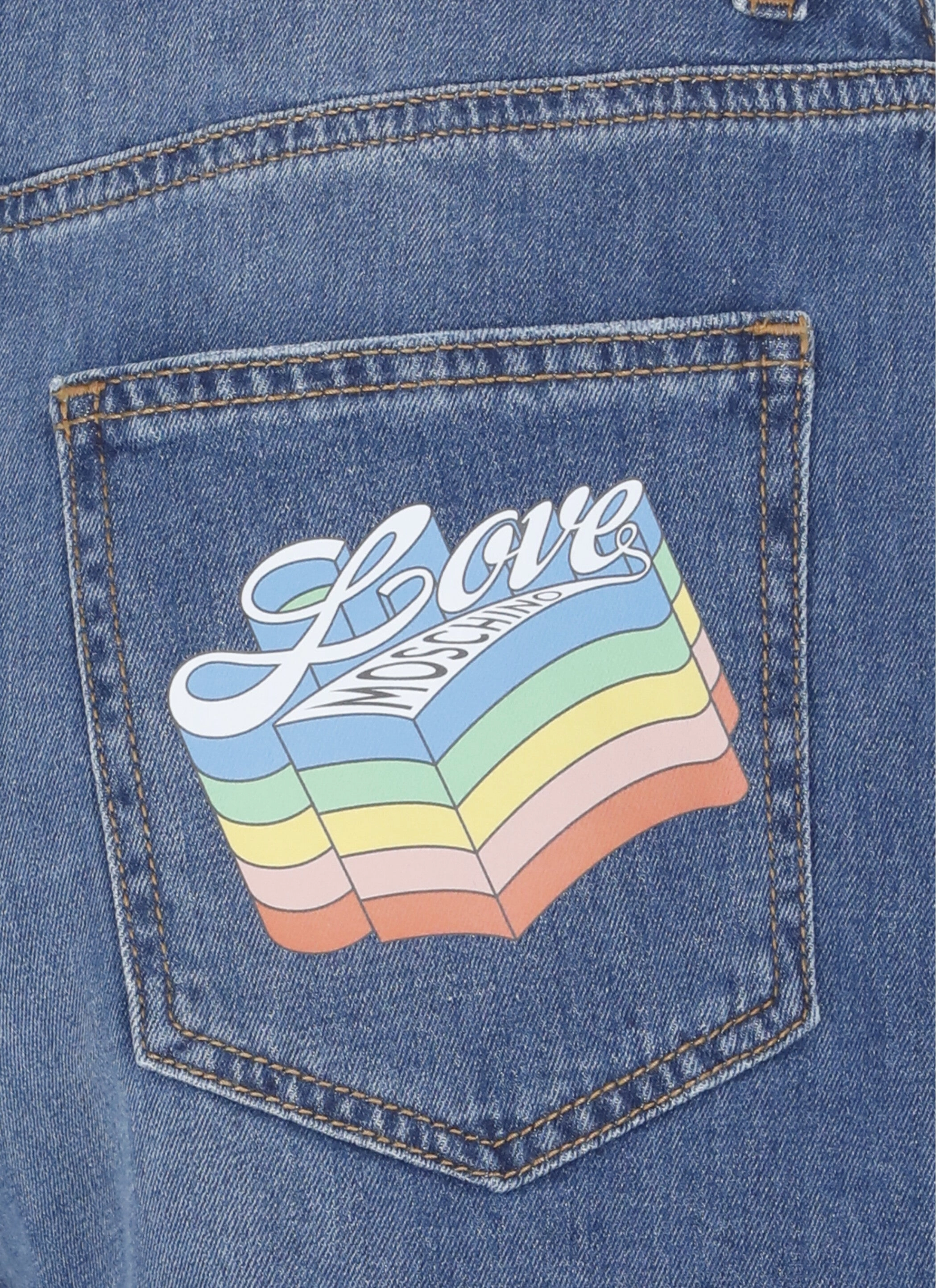 Love Moschino Rainbow Belt Logo Printed Denim Shorts
