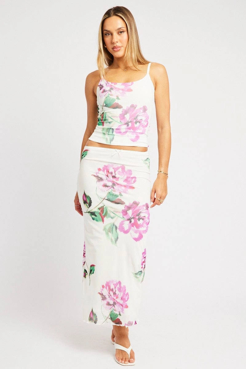 Multi Floral Mesh Skirt Elasticated Picot Trim Midaxi