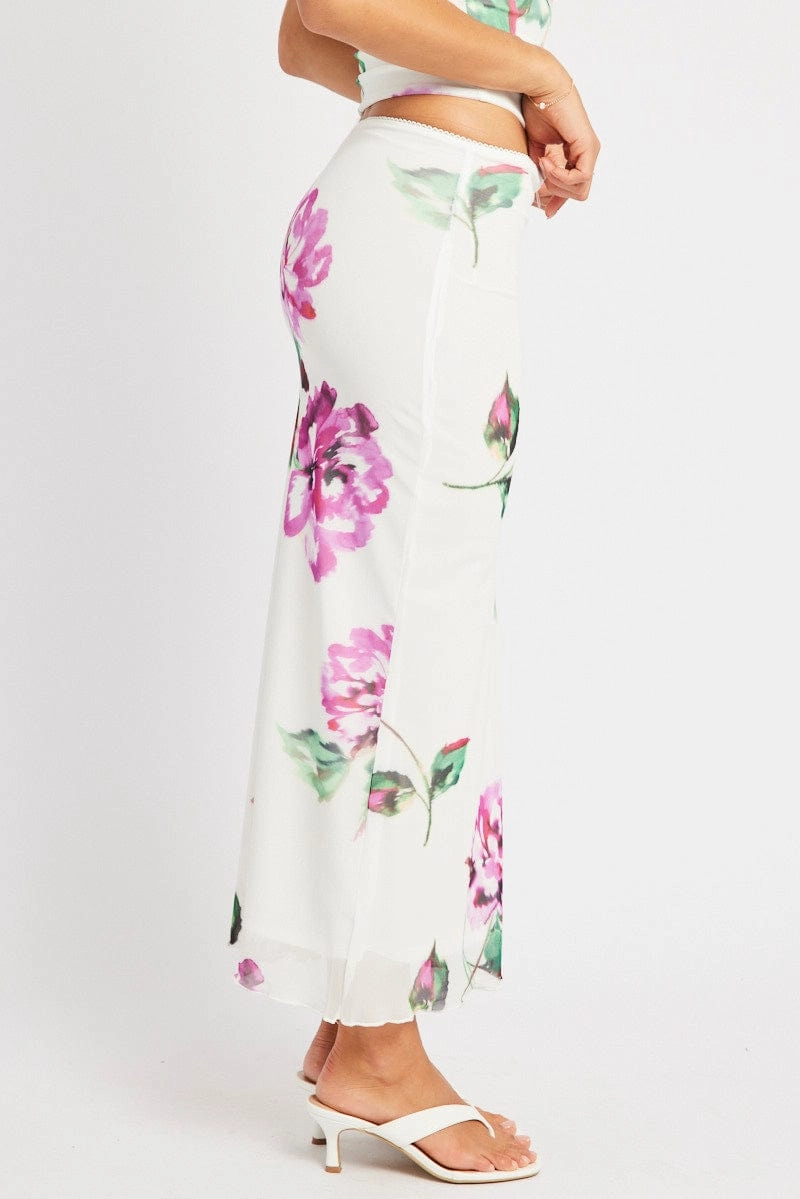 Multi Floral Mesh Skirt Elasticated Picot Trim Midaxi