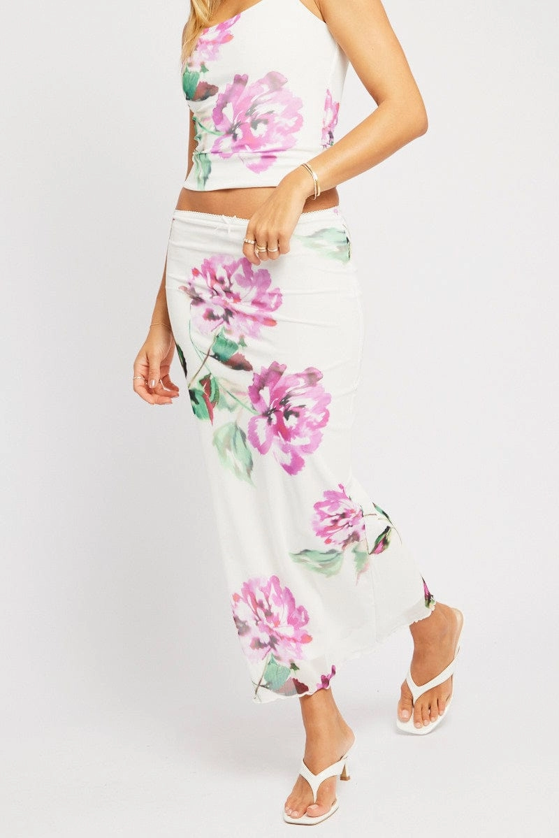 Multi Floral Mesh Skirt Elasticated Picot Trim Midaxi