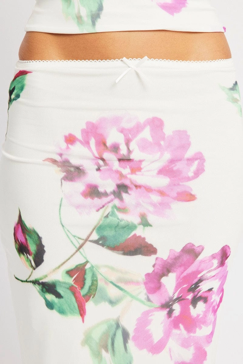 Multi Floral Mesh Skirt Elasticated Picot Trim Midaxi
