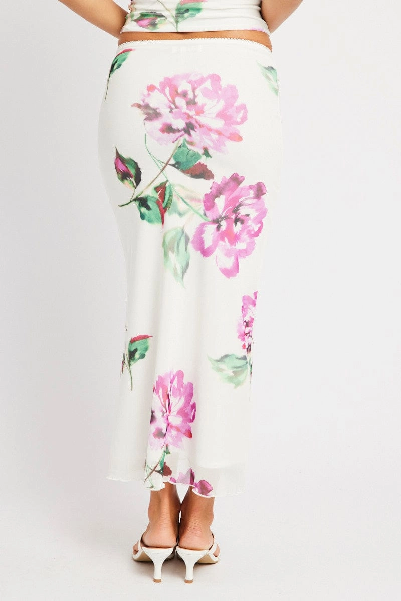 Multi Floral Mesh Skirt Elasticated Picot Trim Midaxi