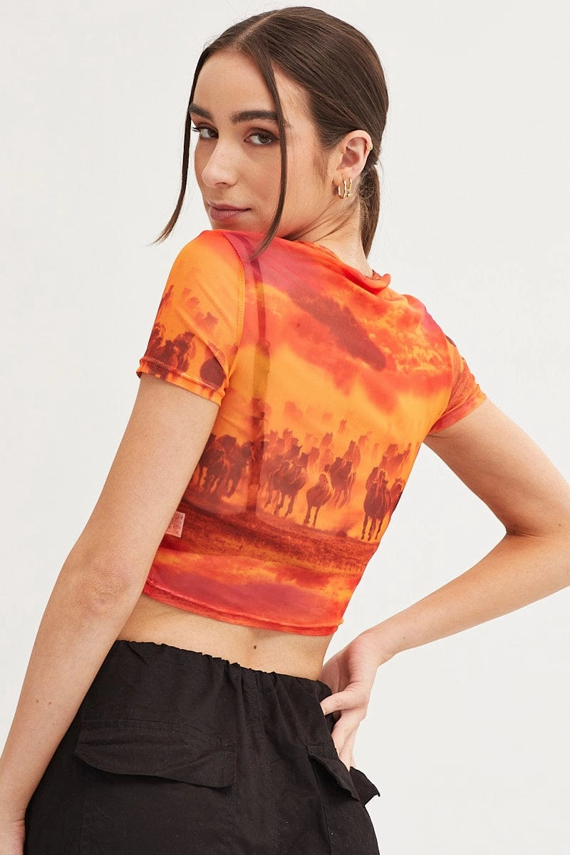 Orange Abstract Landscape Print Mesh Short Sleeve Top