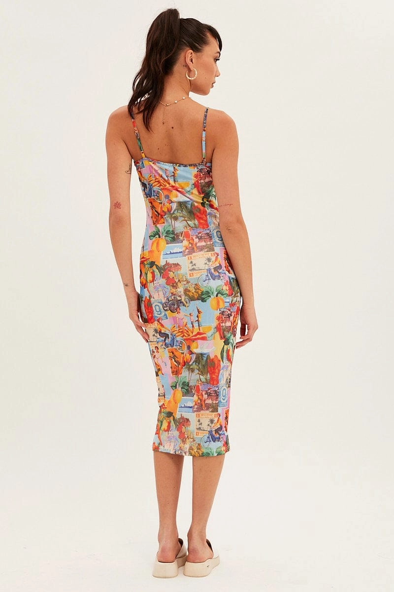 Orange Abstract Midi Dress Straps Bodycon Postcard Holiday Print