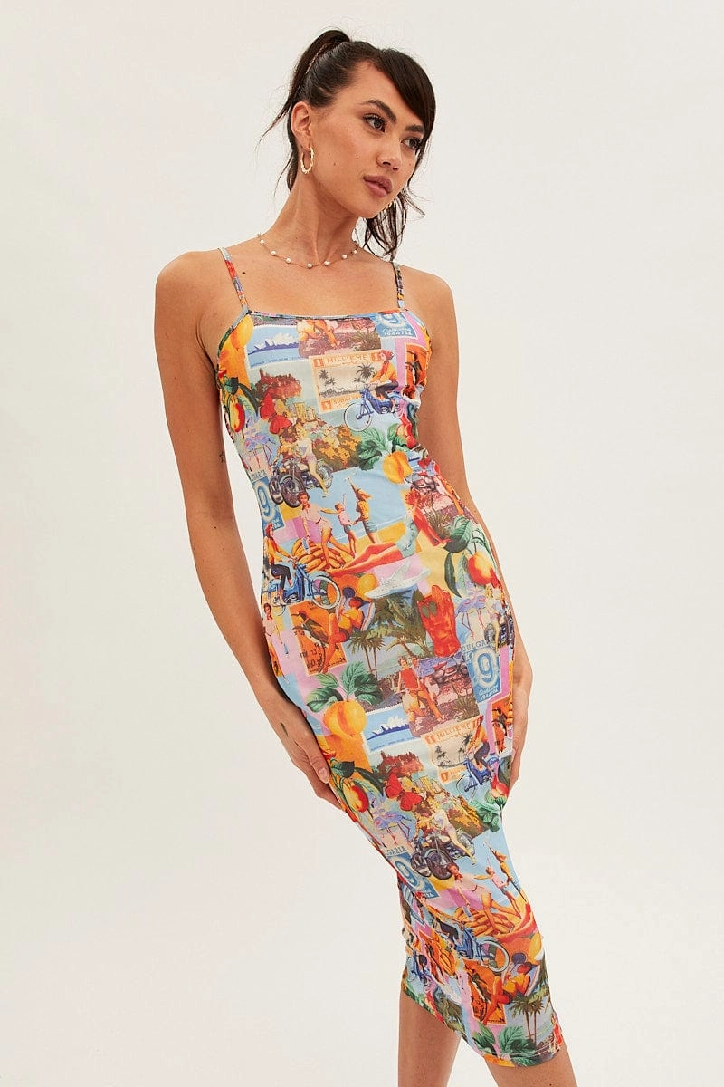Orange Abstract Midi Dress Straps Bodycon Postcard Holiday Print