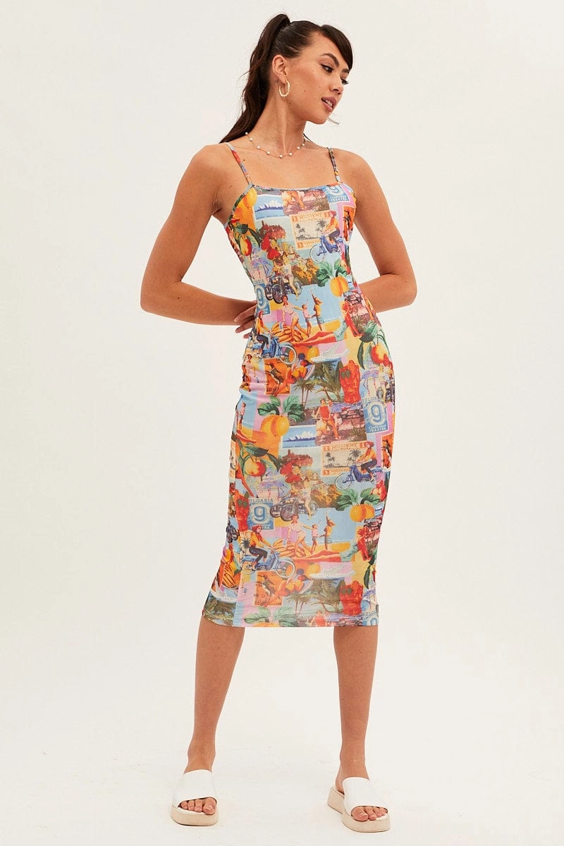 Orange Abstract Midi Dress Straps Bodycon Postcard Holiday Print