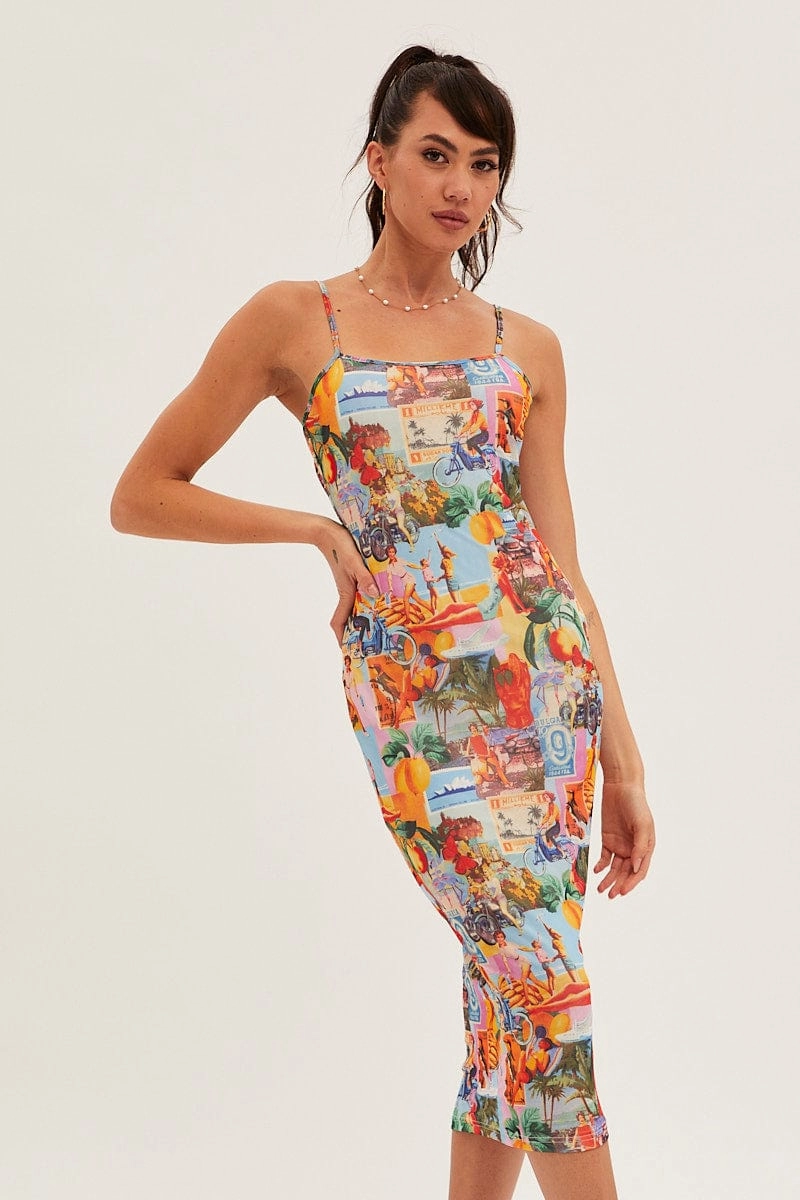 Orange Abstract Midi Dress Straps Bodycon Postcard Holiday Print
