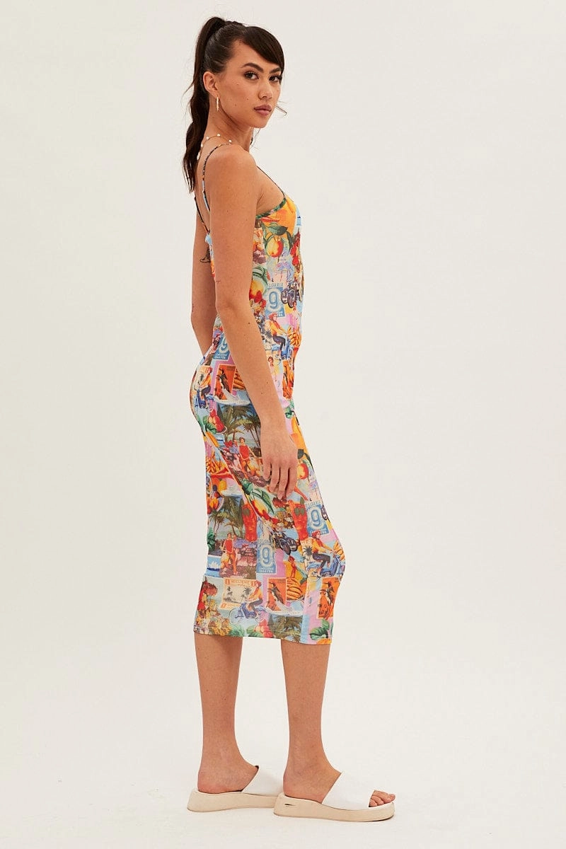 Orange Abstract Midi Dress Straps Bodycon Postcard Holiday Print