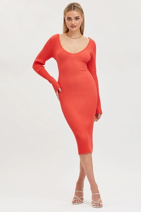 Orange Knit Dress Evening Midi