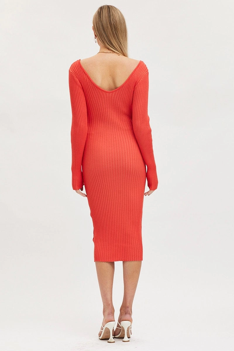Orange Knit Dress Evening Midi