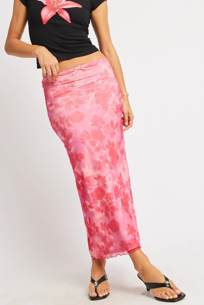 Pink Floral Mesh Skirt Elasticated Picot Trim Midaxi