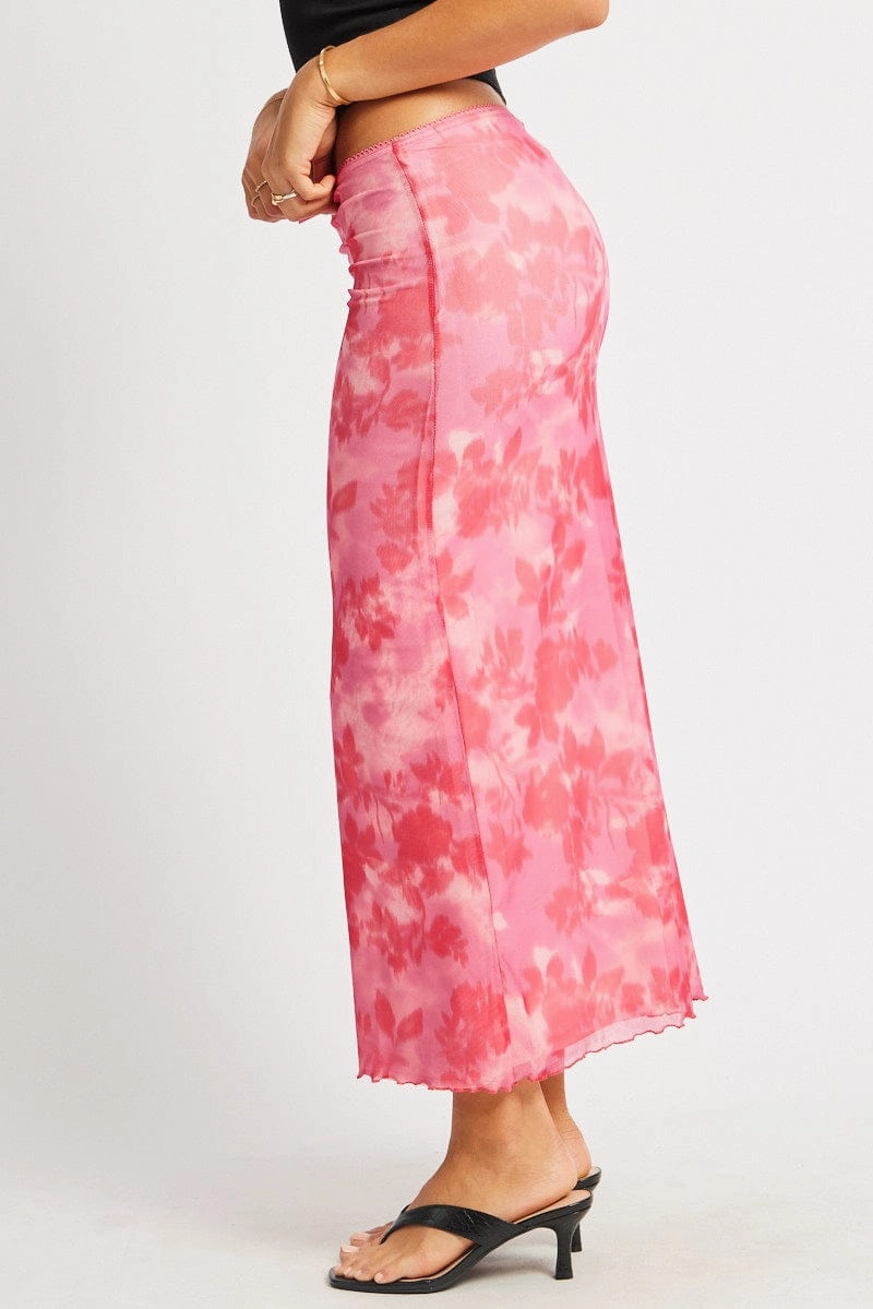 Pink Floral Mesh Skirt Elasticated Picot Trim Midaxi