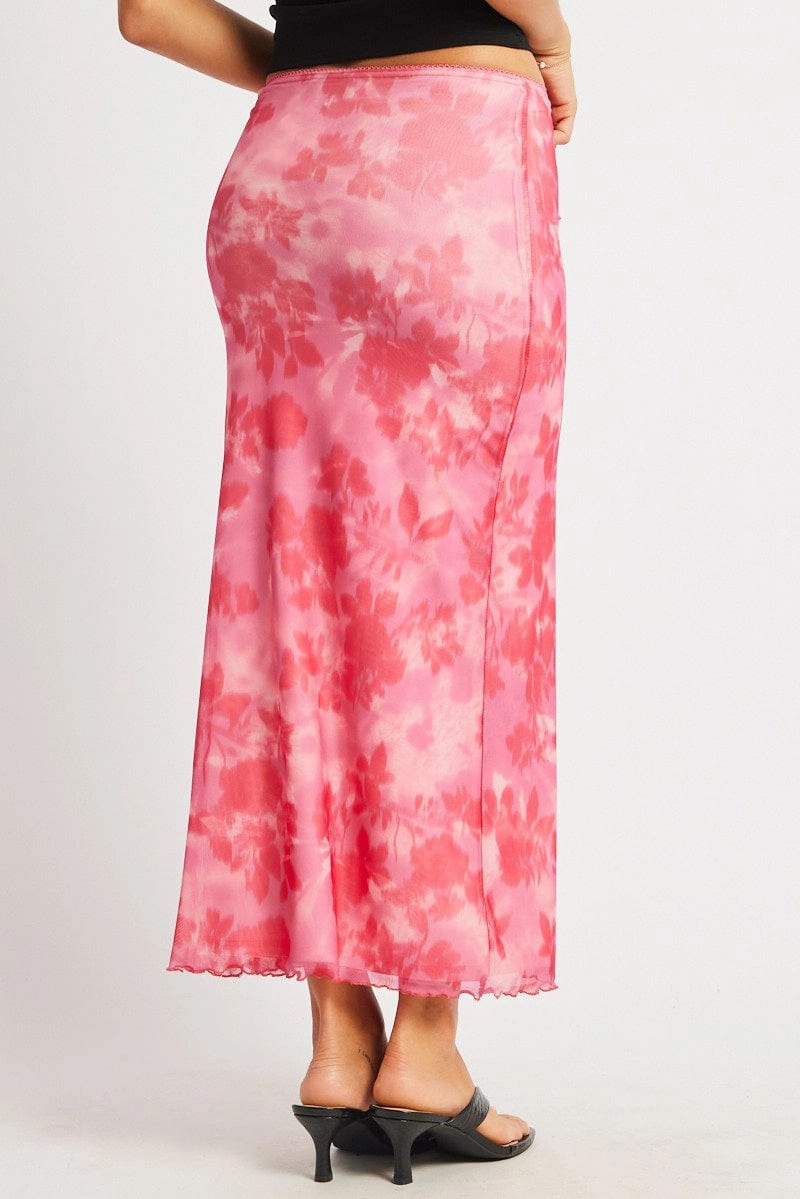 Pink Floral Mesh Skirt Elasticated Picot Trim Midaxi